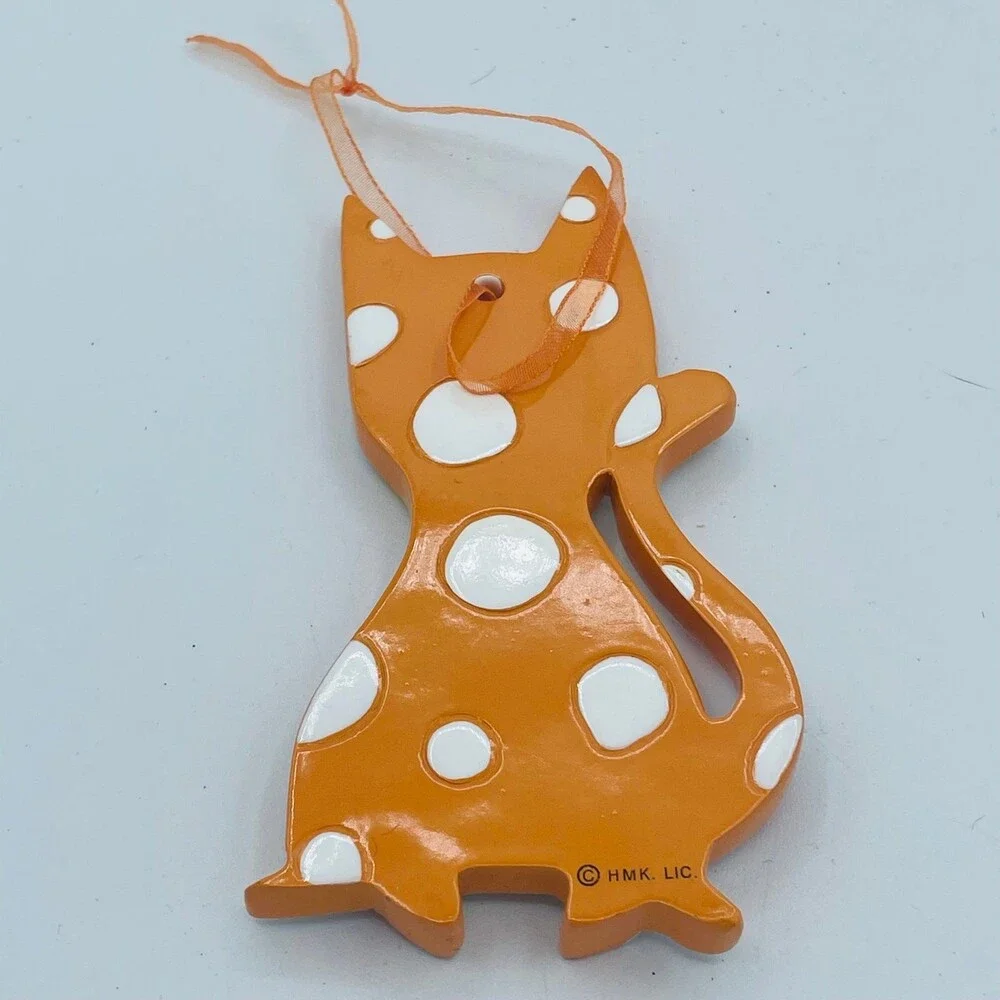 Pair of Hallmark Christmas Tree Ornaments Green & Polka Dot Cats HMK